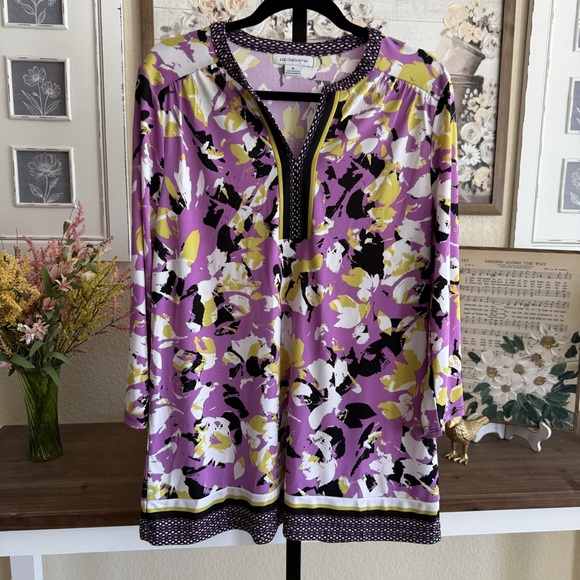 Abstract Purple Yellow Floral Print Tunic Top Popover Blouse Retro Artsy Modest - Picture 1 of 11